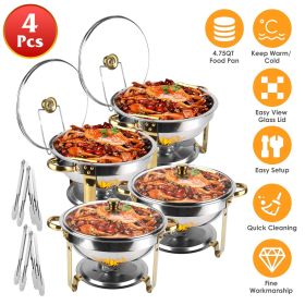 4Pcs Chafing Dish Buffet Set 4.76QT Round Buffet Servers Food Warmer Stainless Steel Catering Chafer with Glass Lid for Warming Cooling Gathering