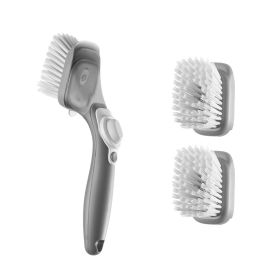 Soap Dispensing Dish Brush, Kitchen Scrub Brushes with 3 Brush Heads, Dish Cleaning Brushes with PP Handle and Curved Bristles, Ideal for Pots, P