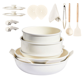 17-Piece Cookware Set, 5 Pots and 2 Lids, Removable Handles, Non-Stick Aluminum Pots and Pans, Microwave & Oven Safe, Dishwasher Safe, Cream Whit