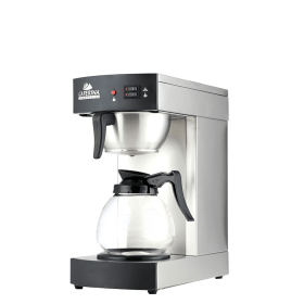 Commercial drip coffee maker with a 12-cup capacity, featuring four glass pots and four thermal trays. A stainless steel drip coffee brewer suita
