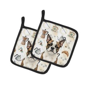 Brindle Boston Terrier Coffee Bar Pair of Pot Holders Pair 7.5x7.5 Quilted Insulated Hot Pads Decorative Kitchen Gift Made in USA